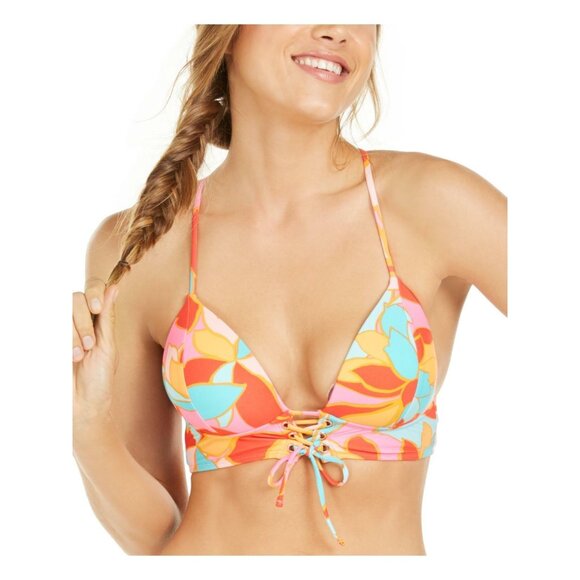 Hula Honey Other - Hula Honey RED MULTI Juniors' Garden Party Lace-up Push-up Bikini Top, SMALL
